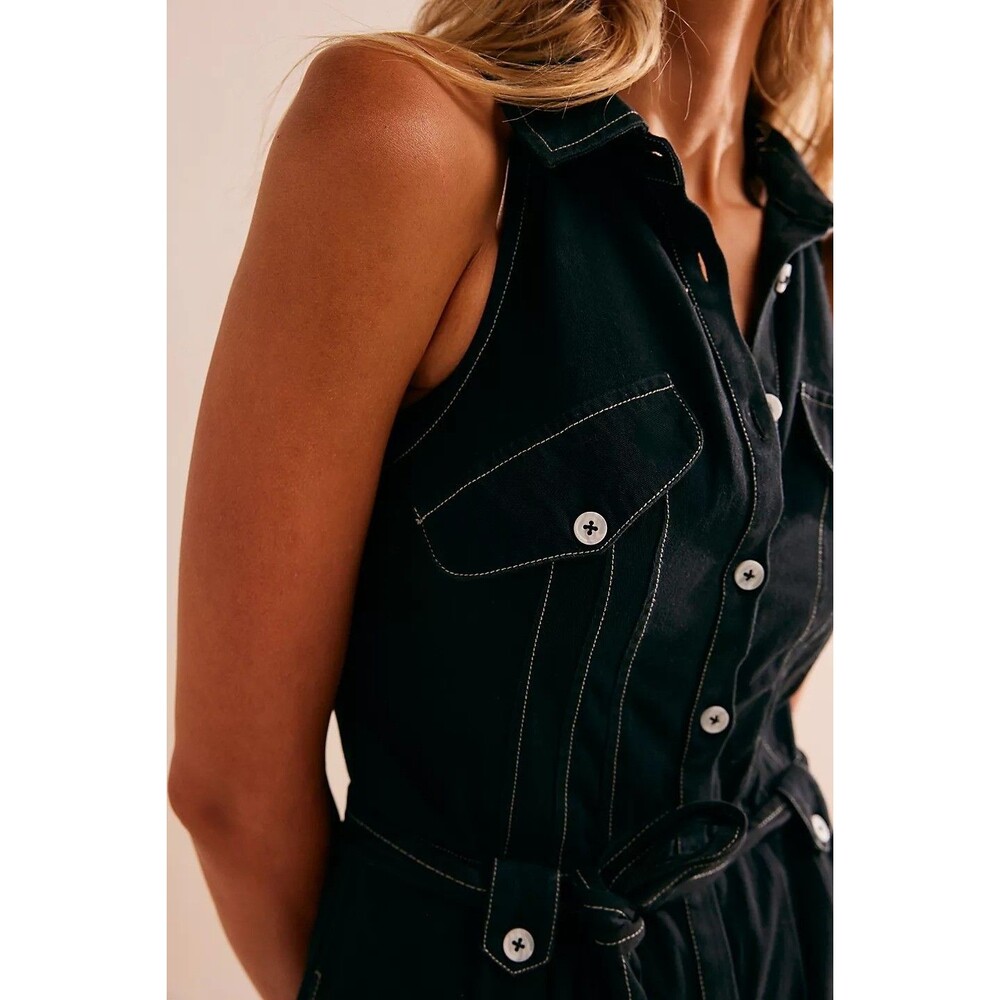 Free people Free-est Sunset Sail Romper Dress Collared Buttondown Black L 286094 - Picture 3 of 9